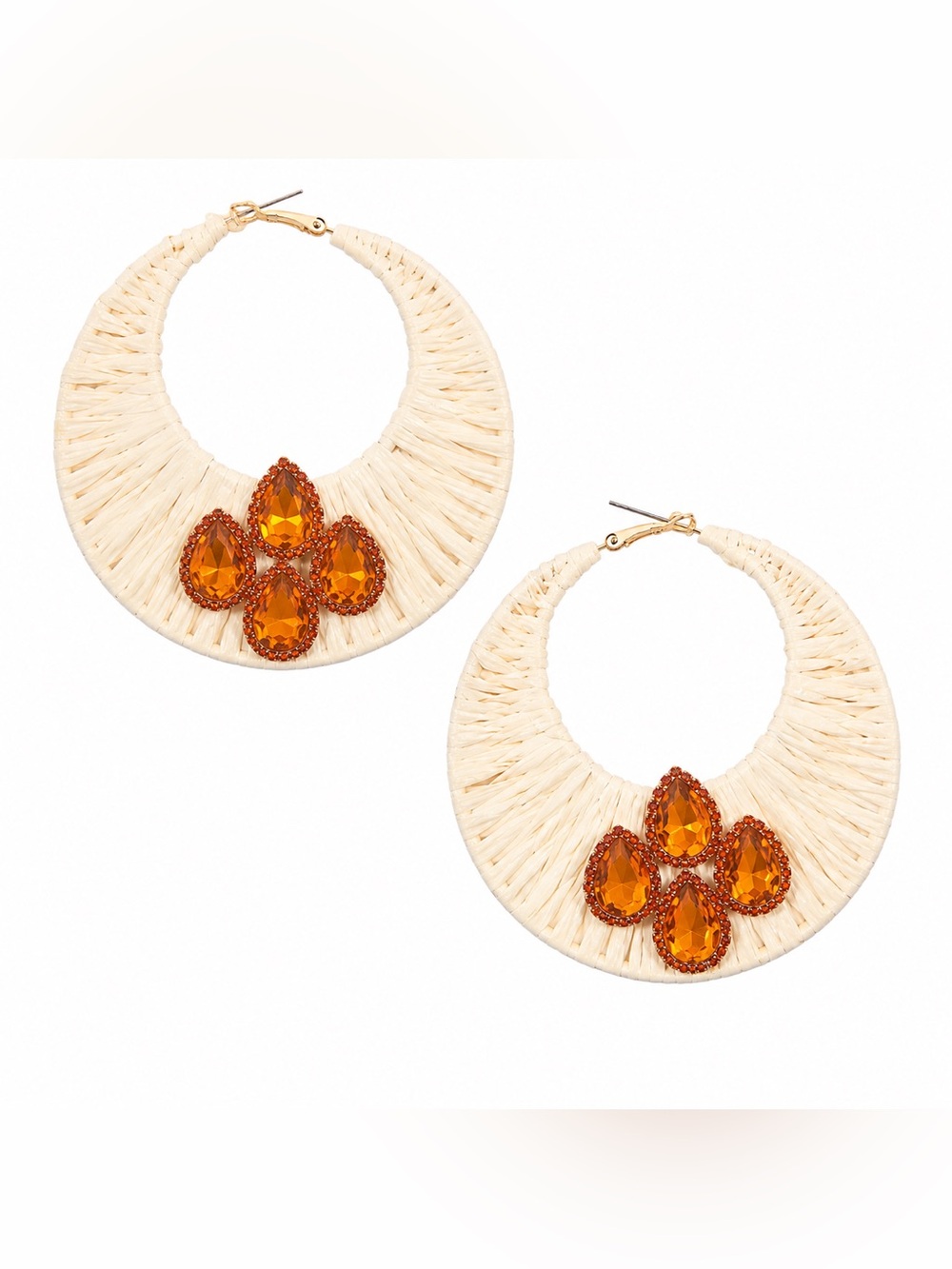 Zara Cream Raffia Hoop Earrings with Amber Crystal Clusters